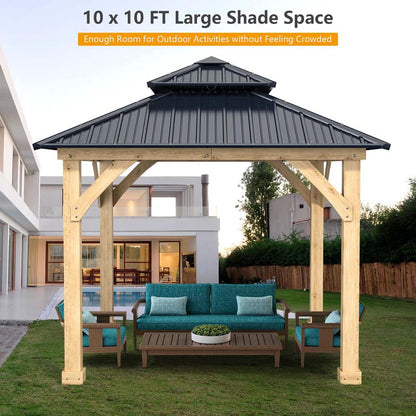 Outdoor Patio Hardtop Gazebo, 10 x 10 Ft, Wood Frame, 2-Tier Metal Roof, Gray