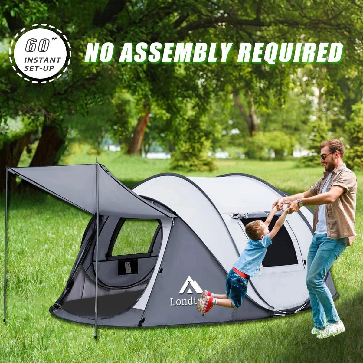 4 Person Pop-Up Camping Tent, Waterproof, 2 Doors, Automatic Setup