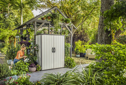 Keter Premier Tall Vertical Resin Outdoor Storage Shed With Floor And Locking Double Doors - Grey