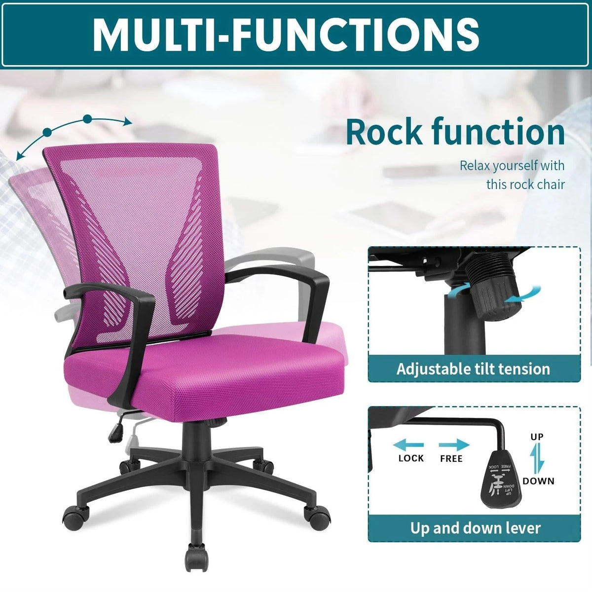 Ergonomic Mesh Mid-Back Office Chair With Adjustable Lumbar Support, 300 lbs Capacity