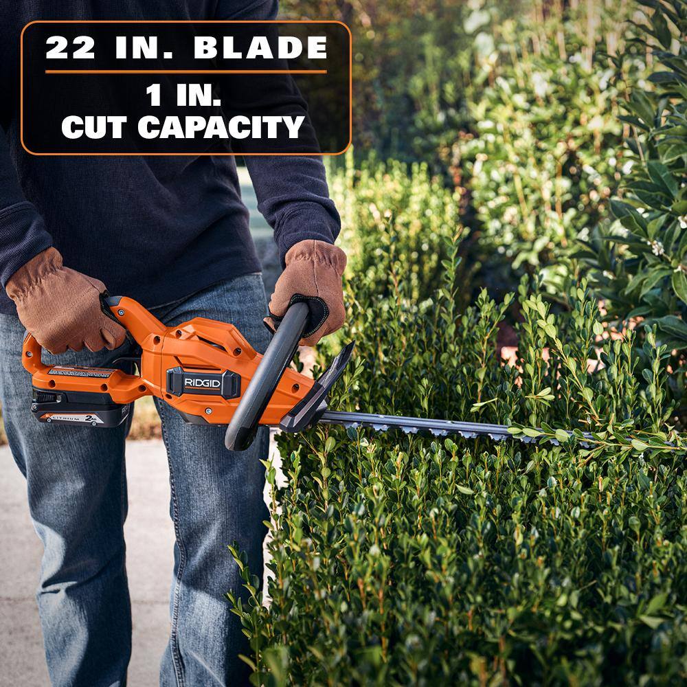 RIDGID 18V Brushless Cordless 22 in Hedge Trimmer Kit With 2.0 Ah Battery And Charger - R01401K