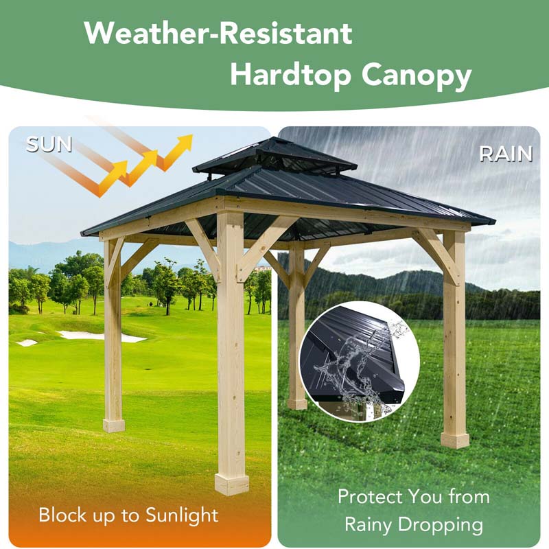 Outdoor Patio Hardtop Gazebo, 10 x 10 Ft, Wood Frame, 2-Tier Metal Roof, Gray