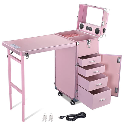 BYOOTIQUE Mobile Nail Station Rolling Makeup Train Case With Mirror, 4 Drawers - Pink