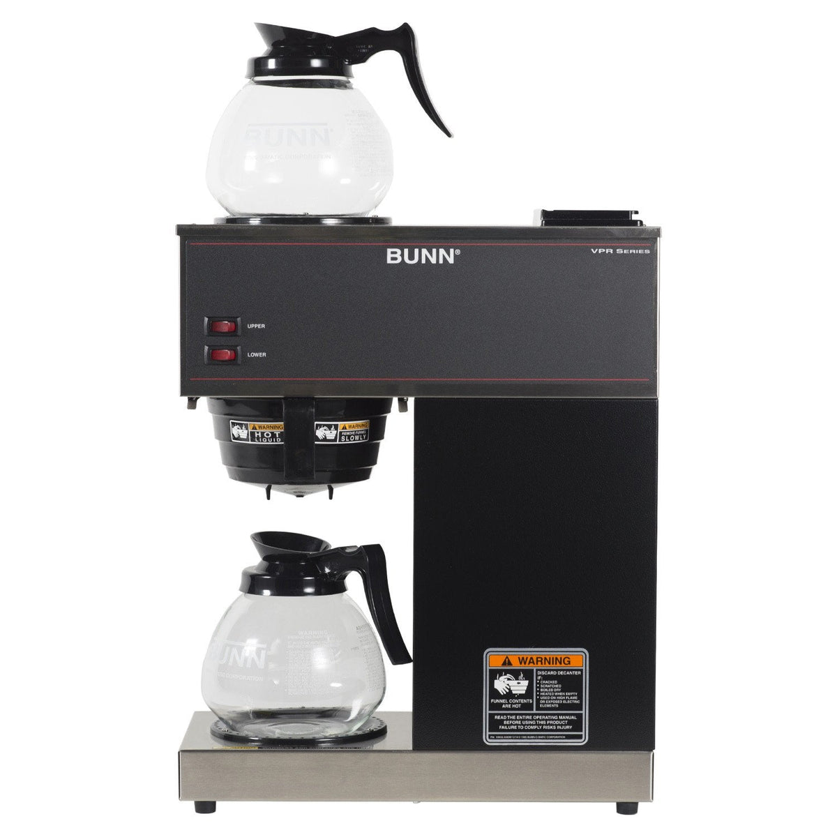 12-Cup Pourover Coffee Maker, Black, With Upper & Lower Warmers, 2 Glass Decanters - Commercial Use
