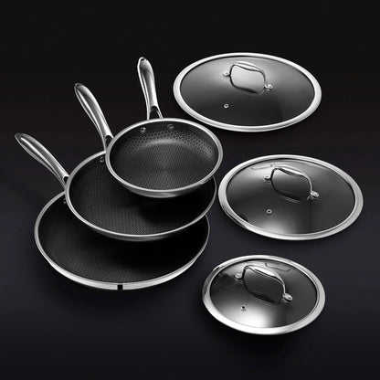 HexClad 6 Piece Hybrid Stainless Steel Cookware Pan Set, 8 inch, 10 inch, 12 inch With Glass Lids - Black