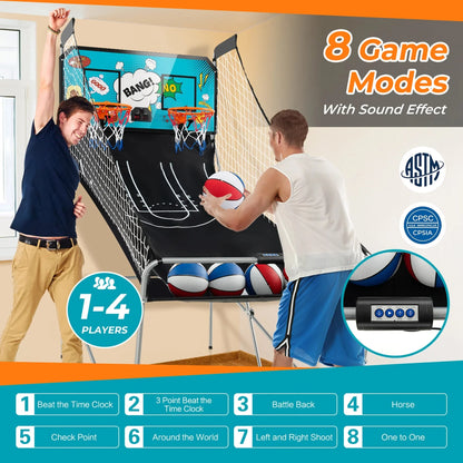 Costway Dual Shot Basketball Arcade Game, Blue, 8 Game Modes, 81in x 43in x 81in