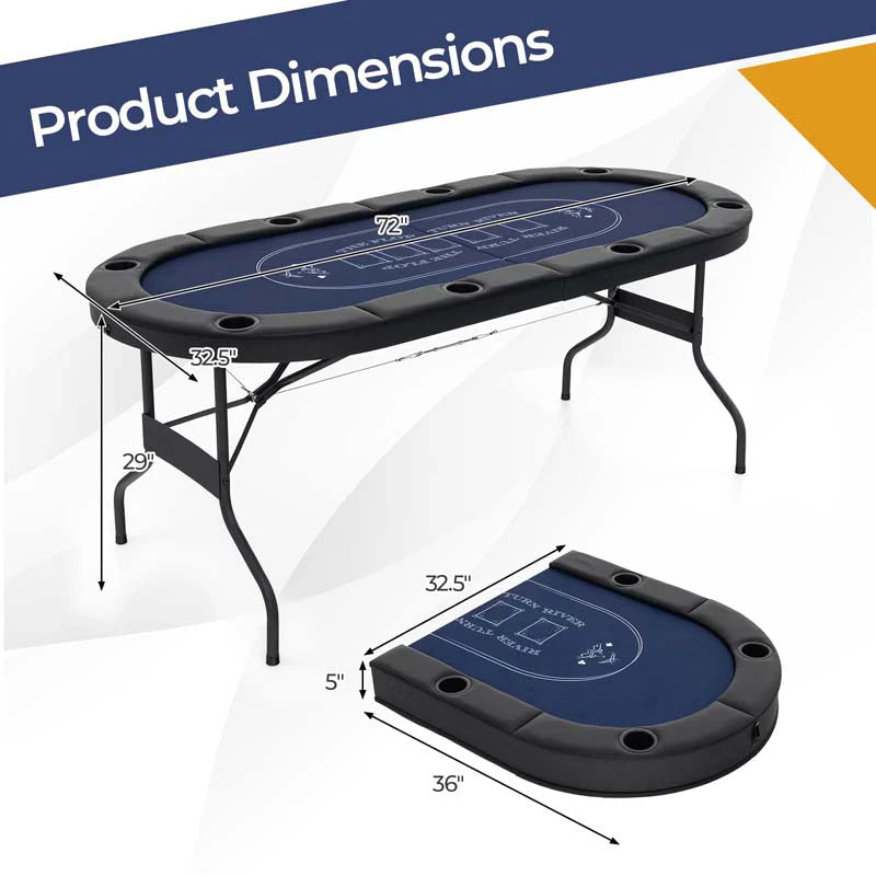 8-Player Foldable Poker Table, 72in With Cup Holders - Blue/Black/Green