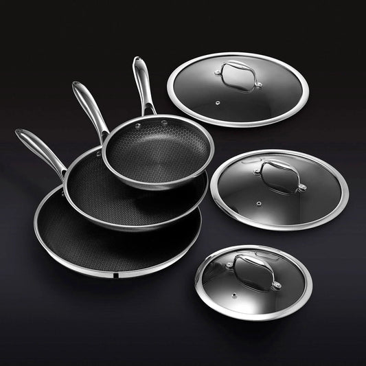HexClad 6 Piece Hybrid Stainless Steel Cookware Pan Set, 8 inch, 10 inch, 12 inch With Glass Lids - Black