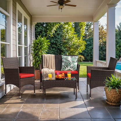 4-Piece Outdoor Patio Furniture Set With Rattan Wicker Chairs, Loveseat And Glass-Top Table