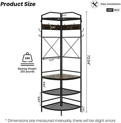 MQLIFEBOOM 3-in-1 Corner Entryway Hall Tree With Bench, Shoe Rack And Coat Rack, Rustic Brown/Black, 17.72in x 17.72in x 72.05in