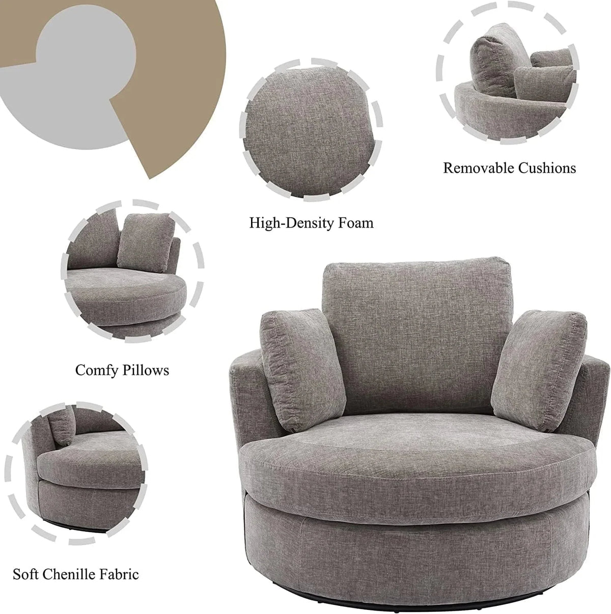 42in W Swivel Barrel Chair, Chenille Fabric, Grey
