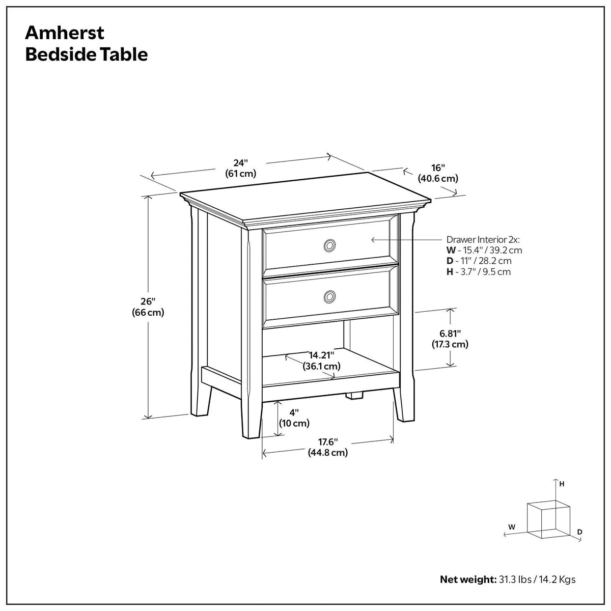 Solid Wood Nightstand With 2 Drawers And Open Shelf, 16 in D x 24 in W x 26 in H