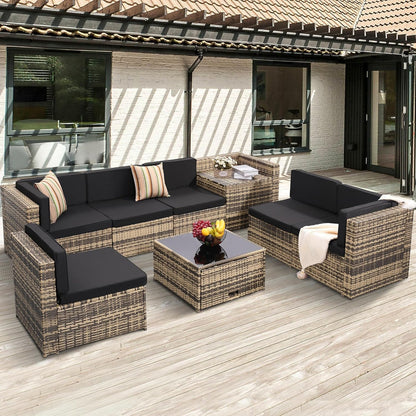 8-Piece Outdoor Wicker Rattan Sectional Patio Furniture Set With Cushions And Glass Top Storage Table - Black