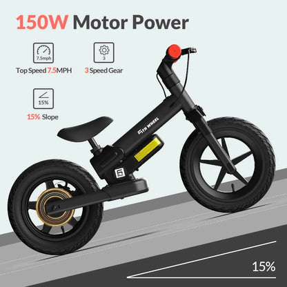 5Th Wheel Electric Balance Bike For Kids, 150W, Black, 12in Pneumatic Tire With Dual Brake - KB09