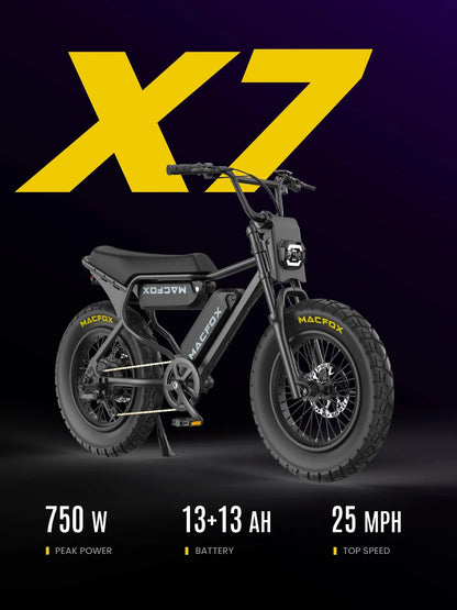MACFOX Adult Electric Bike, 750W, 25 MPH, 48V 13Ah Removable Battery, 35-Mile Range, 20x4.5in Front And 20x5.0in Rear Tires - X7