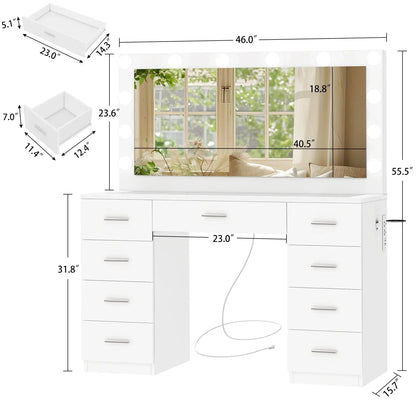 TEENFON Vanity Desk With Large Lighted Mirror, 46 in, 9 Drawers, Glass Desktop, White