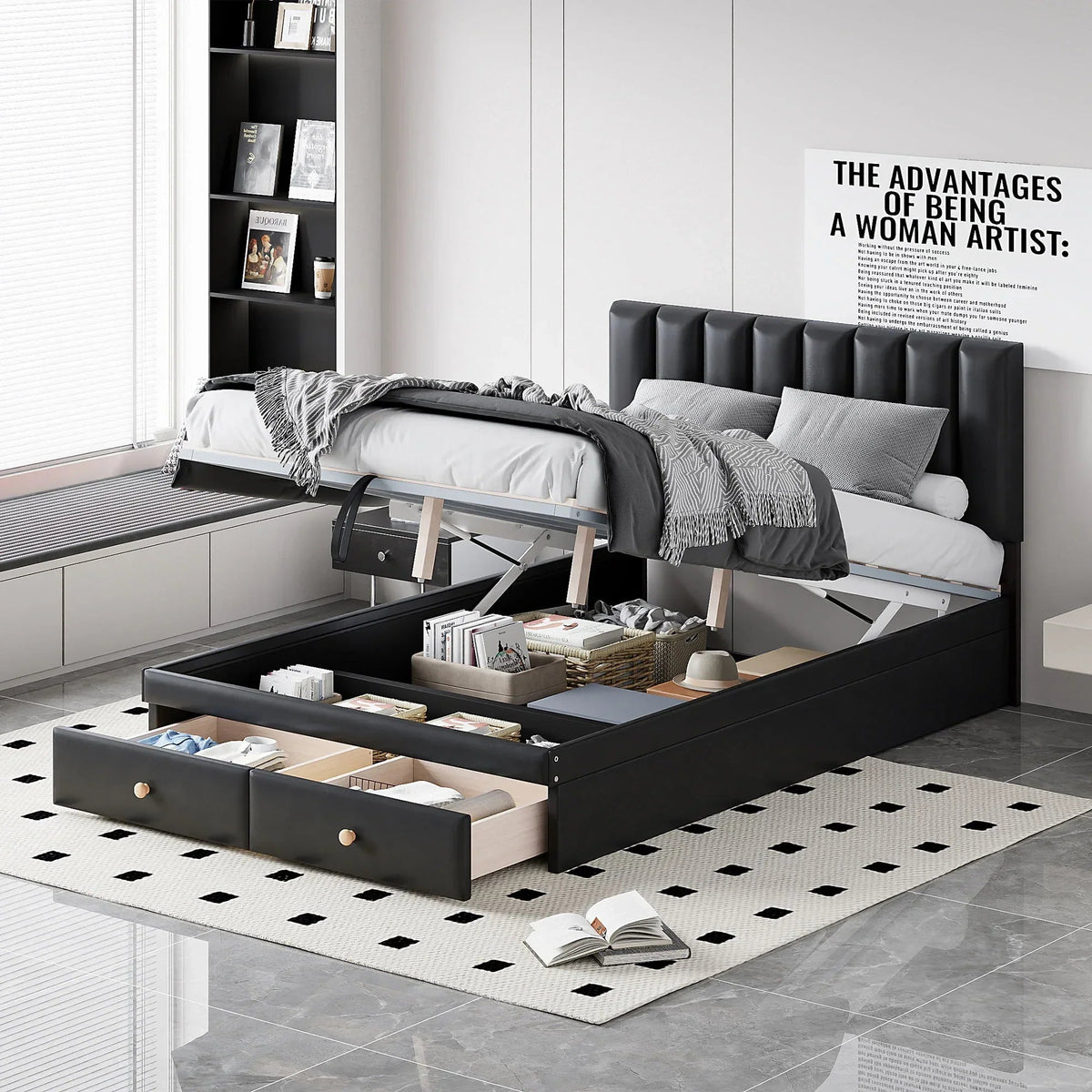 Roomfitters Full Size Upholstered Platform Bed With Hydraulic Storage System, 2 Drawers, Black - 78in L x 60.6in W x 37.8in H
