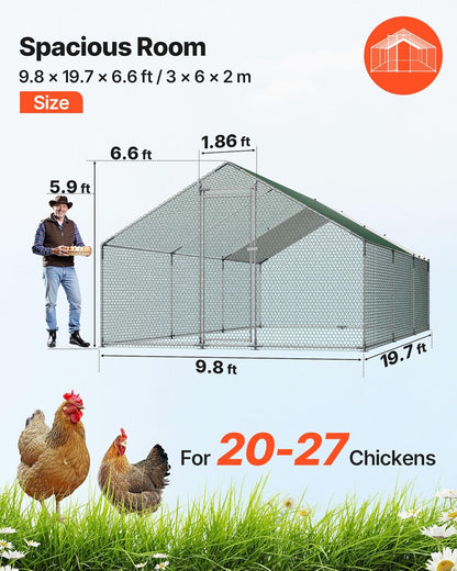 VEVOR Walk-In Metal Chicken Coop With Cover, 19.7 x 9.8 x 6.5 ft, Spire Roof And Security Lock