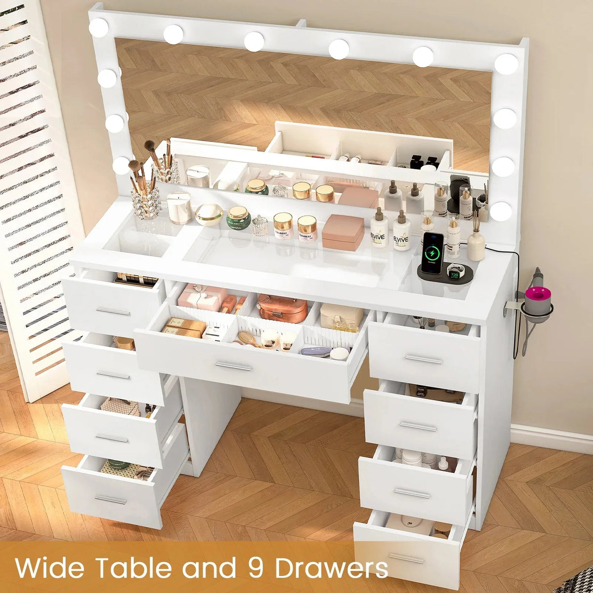 TEENFON Vanity Desk With Large Lighted Mirror, 46 in, 9 Drawers, Glass Desktop, White