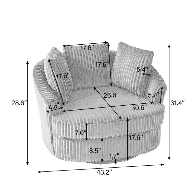 2-Piece Oversized 43 W Plush Corduroy Swivel Barrel Chairs With Pillows