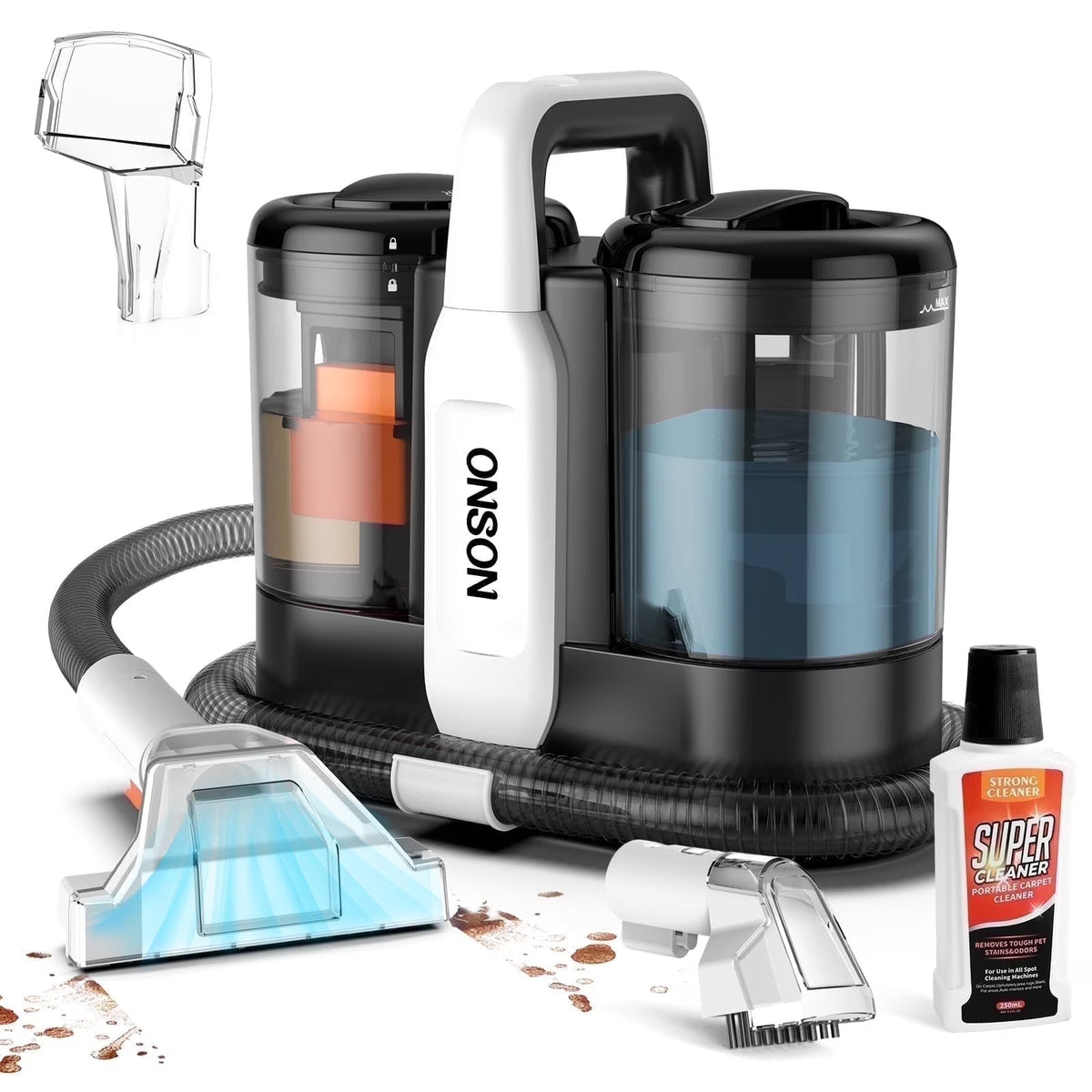 ONSON Portable Carpet Cleaner Machine, White, 450W, 11Kpa, 1.5L Clean Water Tank