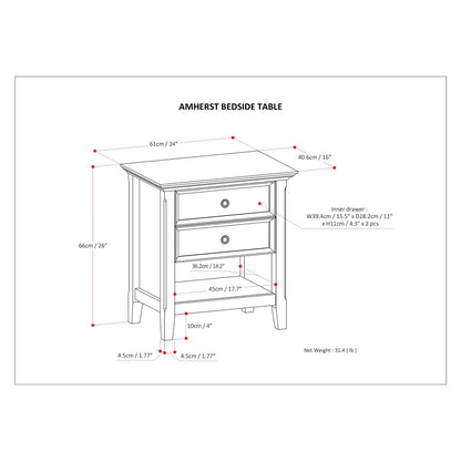Solid Wood Nightstand With 2 Drawers And Open Shelf, 16 in D x 24 in W x 26 in H