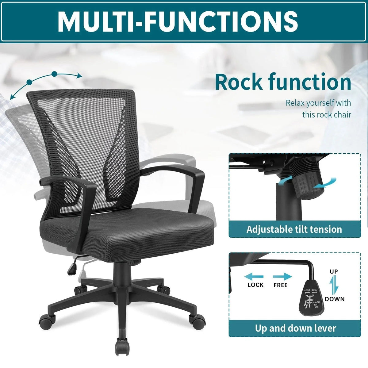 Ergonomic Mesh Mid-Back Office Chair With Adjustable Lumbar Support, 300 lbs Capacity