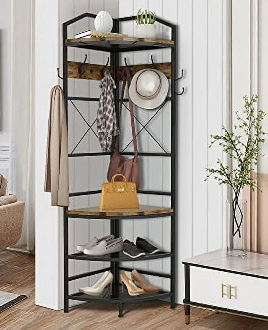 MQLIFEBOOM 3-in-1 Corner Entryway Hall Tree With Bench, Shoe Rack And Coat Rack, Rustic Brown/Black, 17.72in x 17.72in x 72.05in