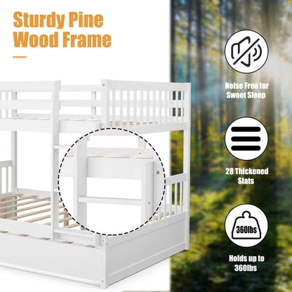 Full Over Full Convertible Bunk Bed Frame With Trundle, Ladder And Guardrails