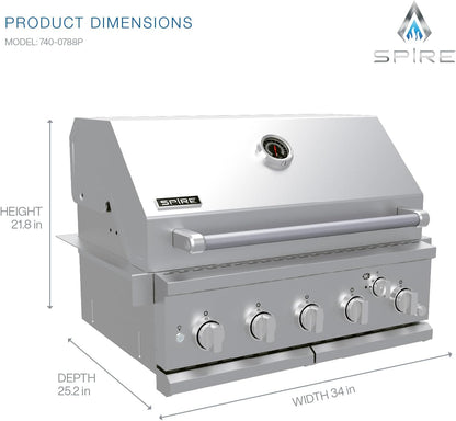 Spire 5 Burner Built-In Propane Gas Grill, Stainless Steel, 30 Inch, 750 SQ In, 63,000 BTUs - 740-0788P