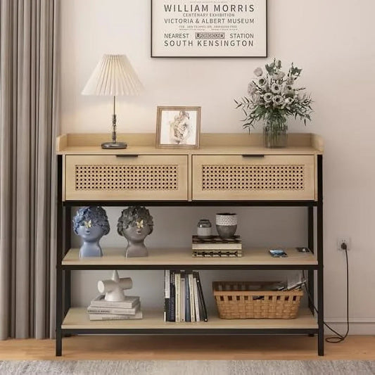 AYFDEGT Entryway Table With 2 Drawers, Outlets, USB Ports, Shelves & LED Lights - Black