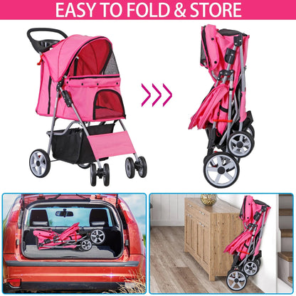 ZENY 4 Wheel Foldable Pet Stroller, Pink - 30 lbs