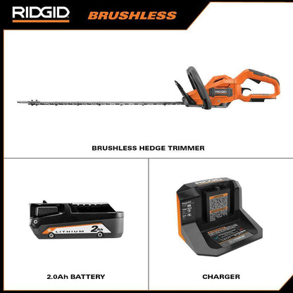 RIDGID 18V Brushless Cordless 22 in Hedge Trimmer Kit With 2.0 Ah Battery And Charger - R01401K