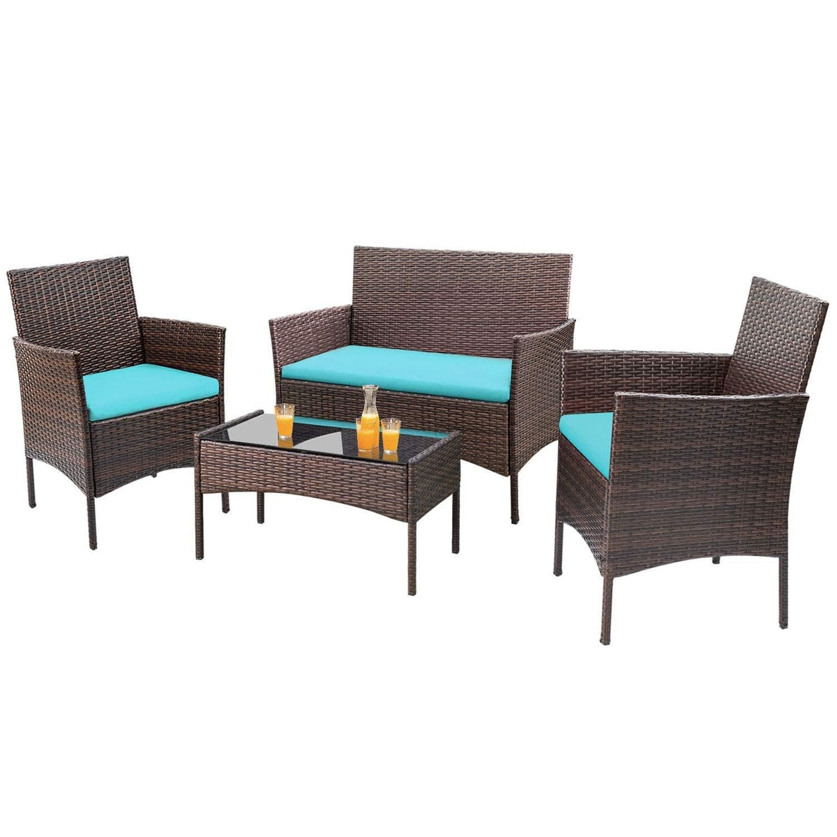 4-Piece Outdoor Patio Furniture Set With Rattan Wicker Chairs, Loveseat And Glass-Top Table