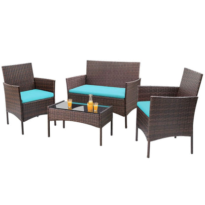 4-Piece Outdoor Patio Furniture Set With Rattan Wicker Chairs, Loveseat And Glass-Top Table