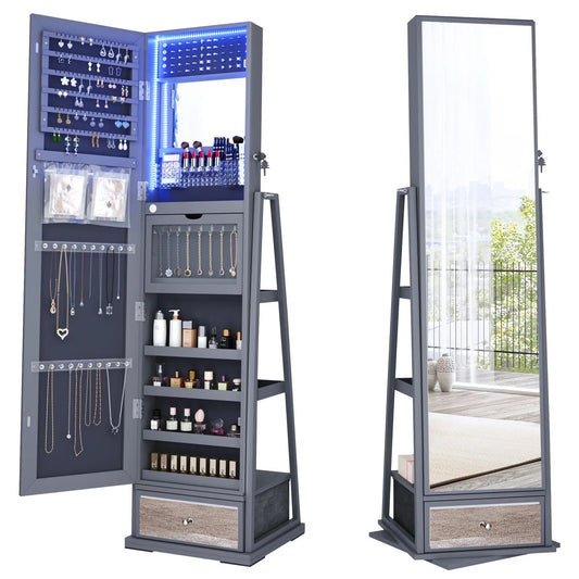 FREDEES Standing Jewelry Cabinet With Full-Length Mirror, Lights, Engineered Wood, Gray, 14 in D x 15 in W x 64 in H