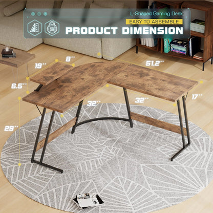 L-Shaped Gaming Computer Corner Desk With Monitor Stand - 220 lbs Capacity