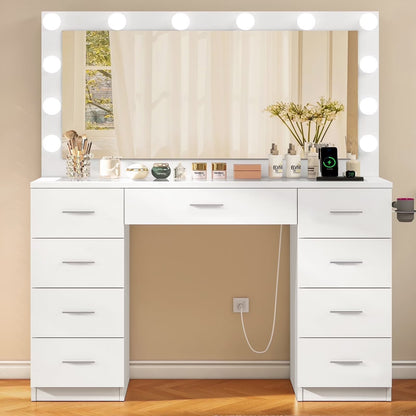 TEENFON Vanity Desk With Large Lighted Mirror, 46 in, 9 Drawers, Glass Desktop, White