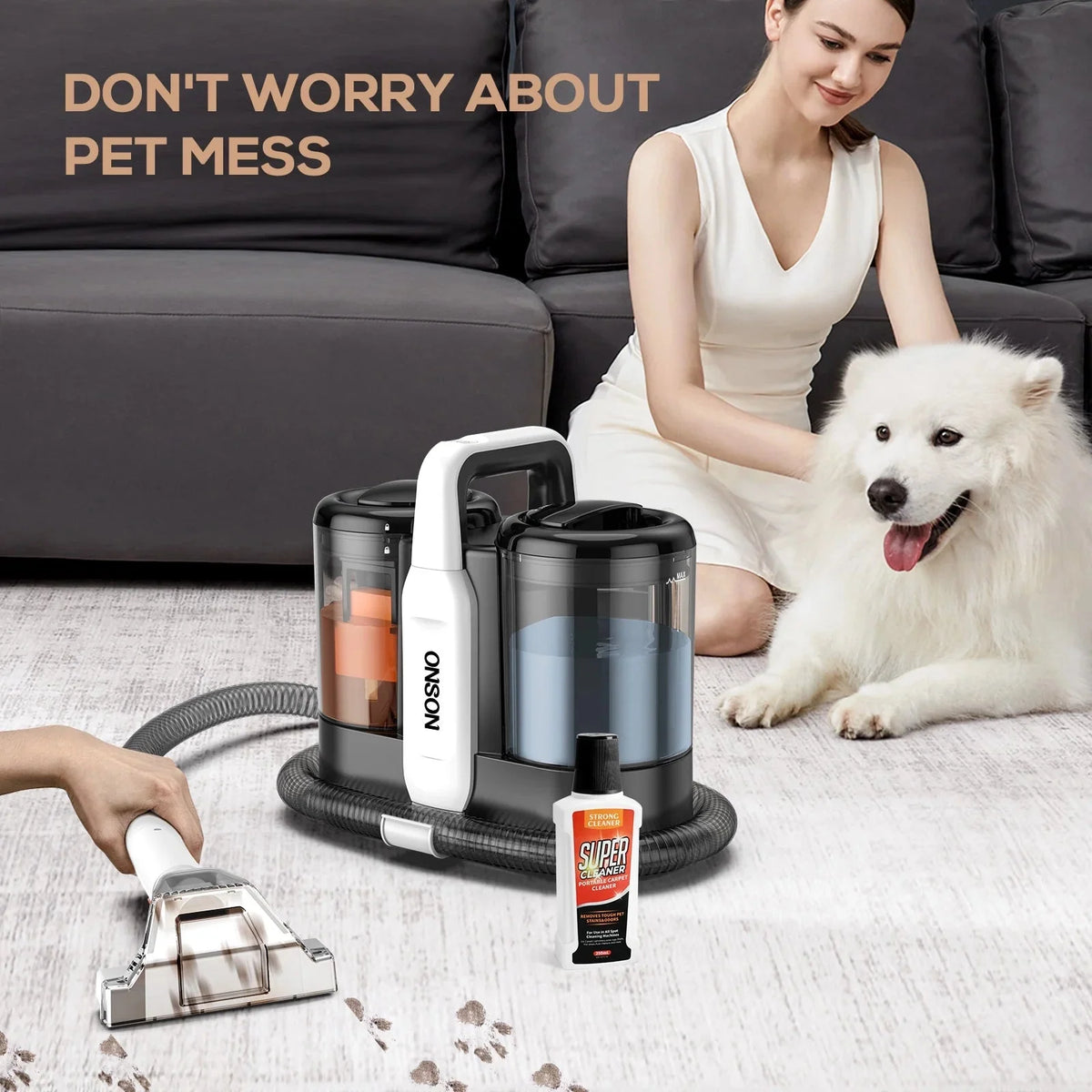 ONSON Portable Carpet Cleaner Machine, White, 450W, 11Kpa, 1.5L Clean Water Tank