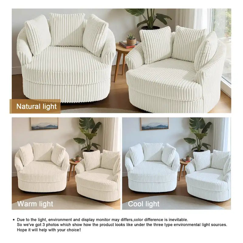 2-Piece Oversized 43 W Plush Corduroy Swivel Barrel Chairs With Pillows