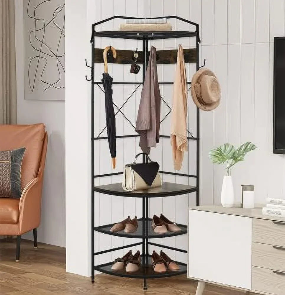 MQLIFEBOOM 3-in-1 Corner Entryway Hall Tree With Bench, Shoe Rack And Coat Rack, Rustic Brown/Black, 17.72in x 17.72in x 72.05in