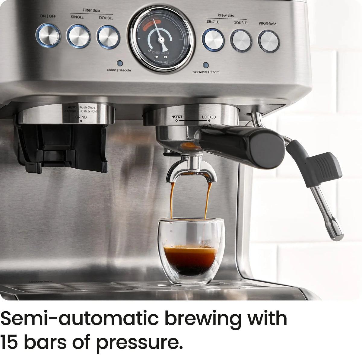 Chefman Crema Supreme Espresso Machine With Conical Burr Grinder And Steam Wand, Stainless Steel - RJ54-G-SS