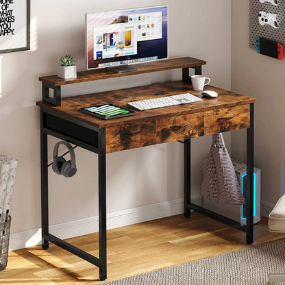 Computer Desk With 3 Fabric Drawers And Monitor Stand
