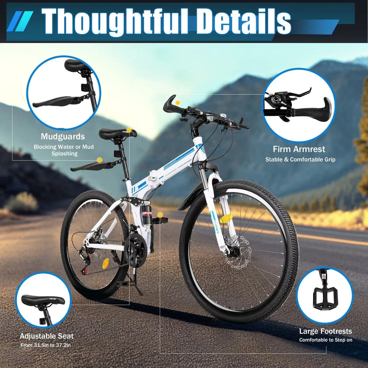 Wuzstar 26 inch Folding Mountain Bike, 21-Speed, Dual Disc Brake