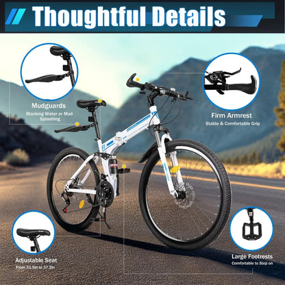 Wuzstar 26 inch Folding Mountain Bike, 21-Speed, Dual Disc Brake
