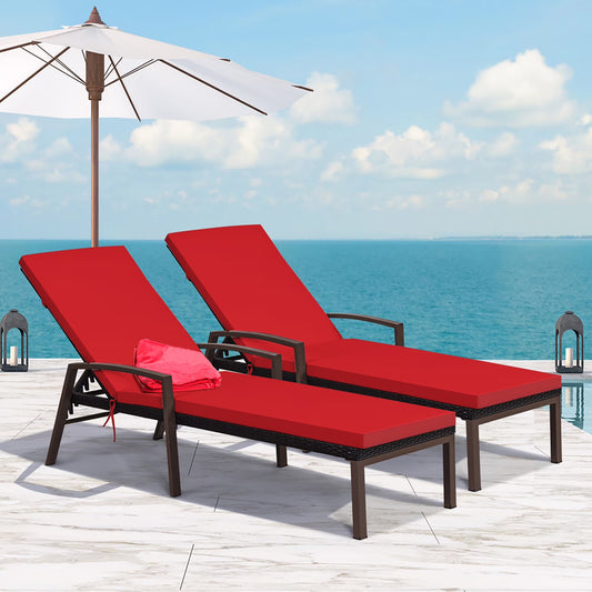 Costway 2 PCS Patio Rattan Chaise Lounge Chairs With Adjustable Backrest And Cushions - Red