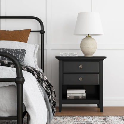 Solid Wood Nightstand With 2 Drawers And Open Shelf, 16 in D x 24 in W x 26 in H