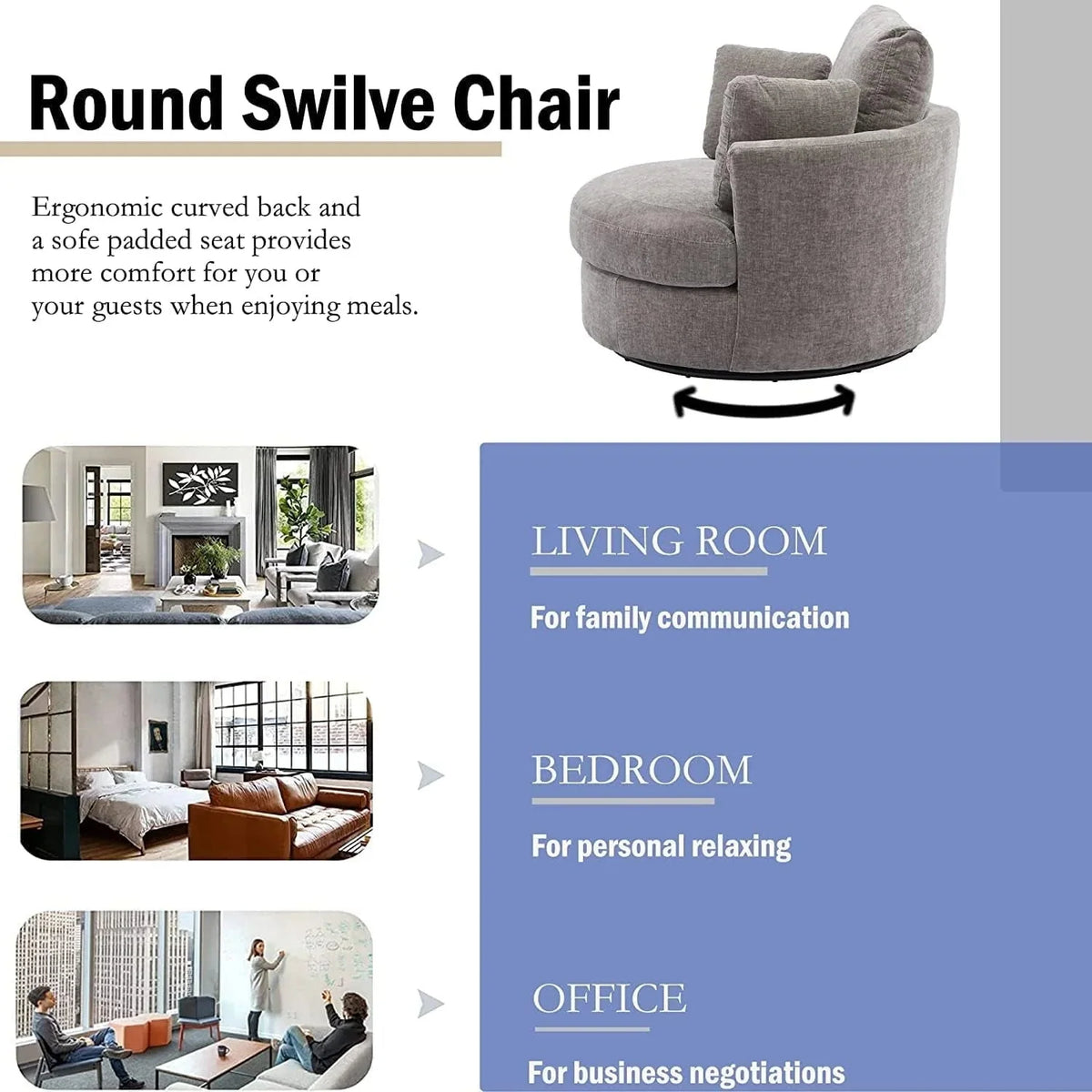 42in W Swivel Barrel Chair, Chenille Fabric, Grey