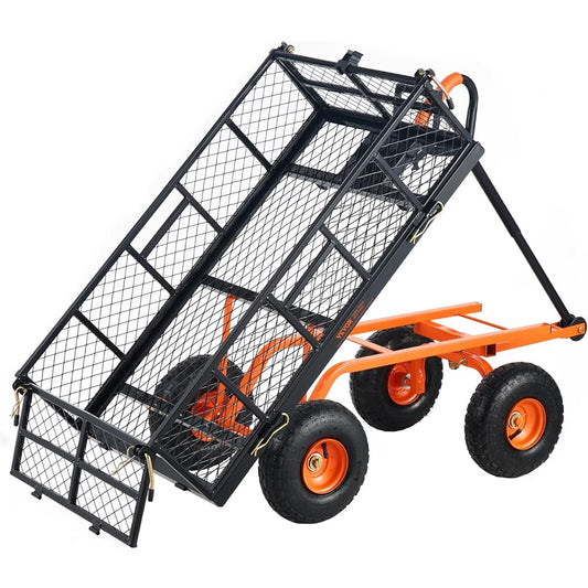 VEVOR Steel Garden Dump Cart, 880 lbs, 3.2 cu.ft, 10in Wheels, Black+Orange - 73.6in D x 21in W x 20.5in H