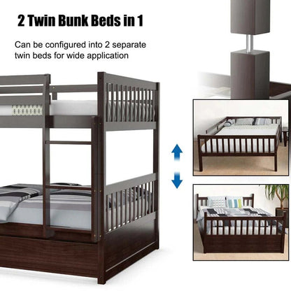 Full Over Full Convertible Bunk Bed Frame With Trundle, Ladder And Guardrails